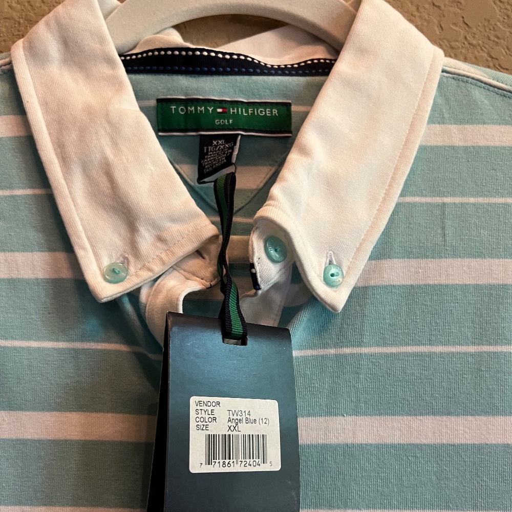 Tommy Hilfiger Golf Polo. Size XXL. Angel Blue and white striped polo.